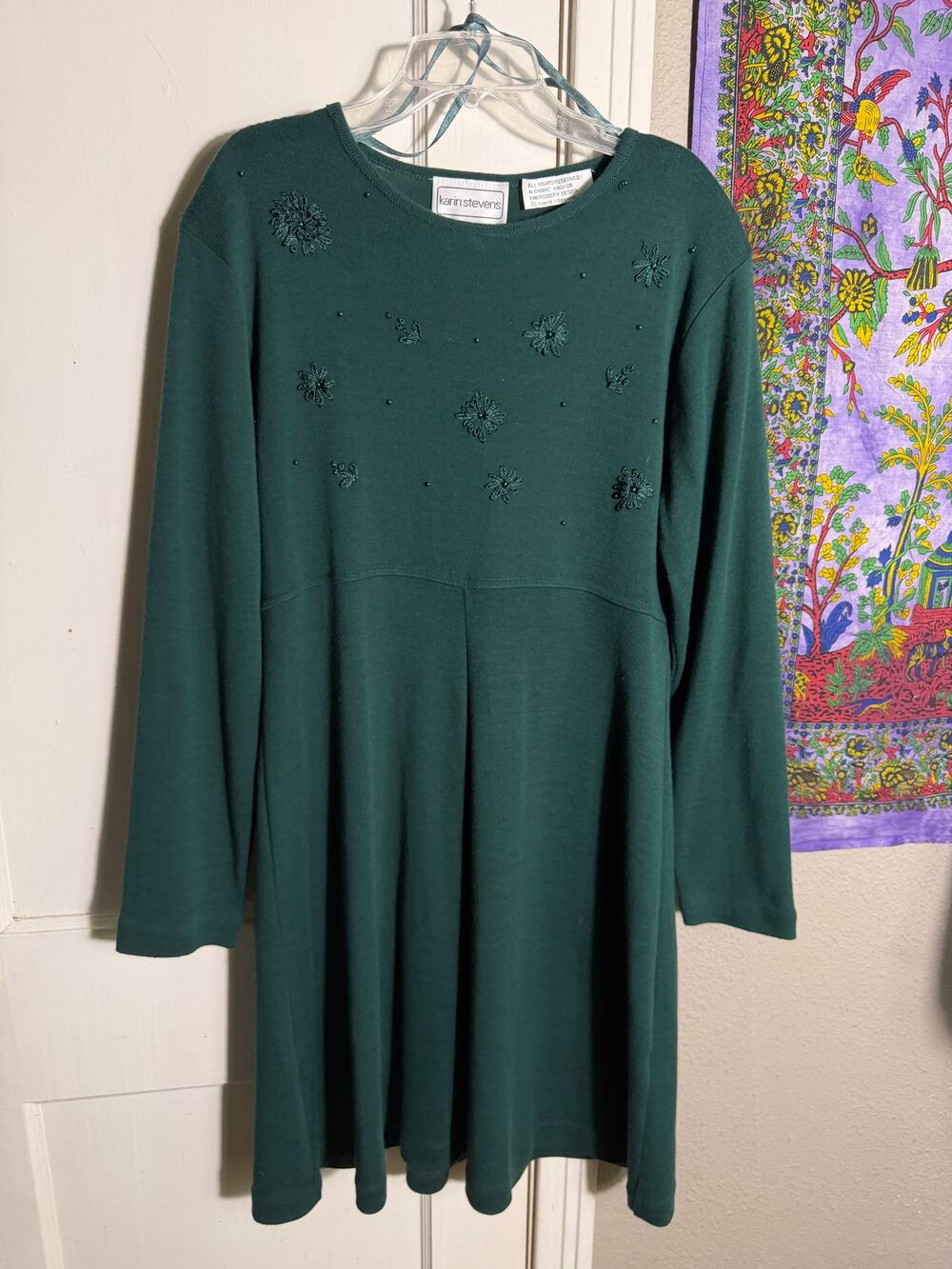 Karin Stevens Green Wool Blend Dress L Embroidered Beaded Long Sleeve Midi